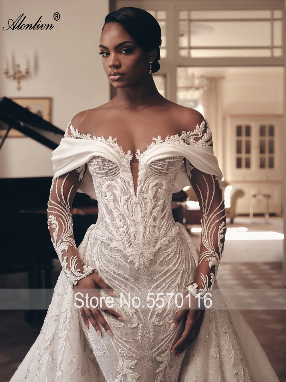 Luxury 2-in-1 Lace Mermaid Wedding Dress - Beading Illusion Neck Bridal Gown - JStorehub 