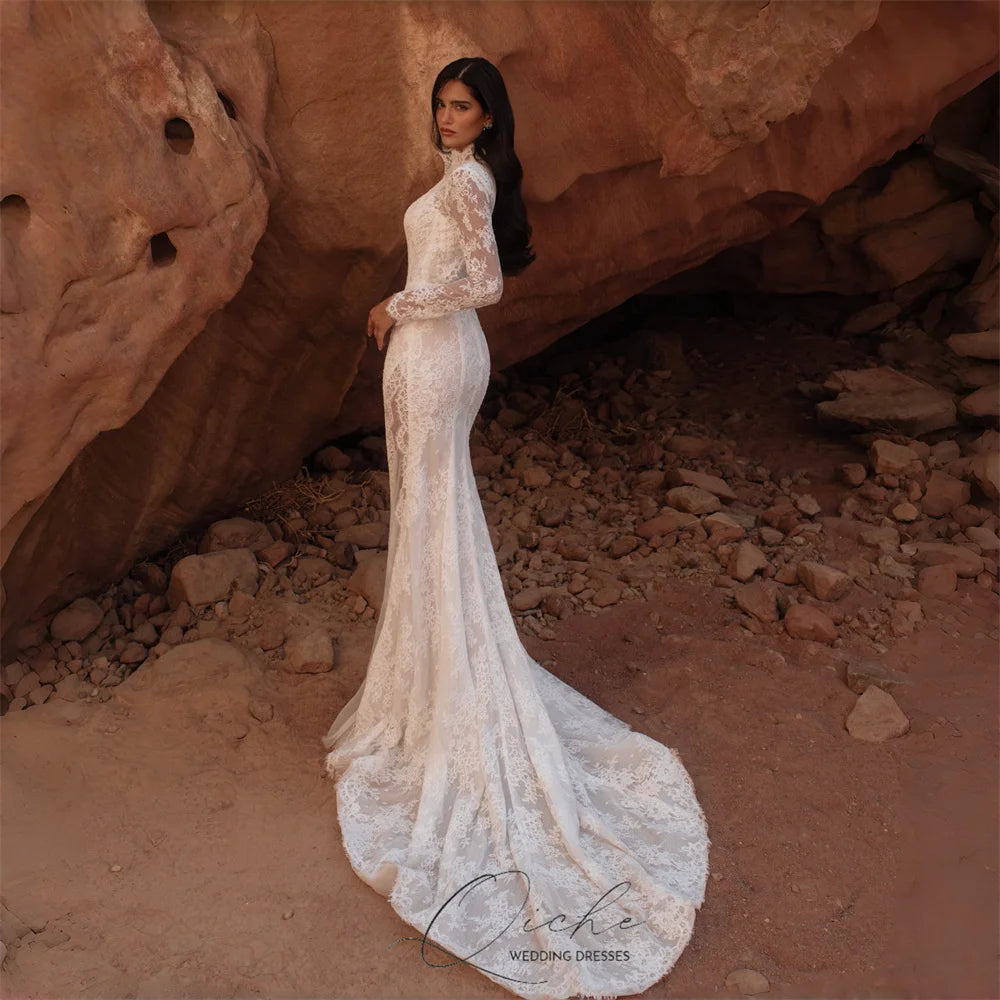 Luxury Lace Mermaid Wedding Dress - Long Sleeve High Collar with Side Split - JStorehub 