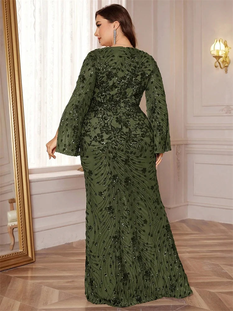 Plus Size Gold Sequin Mermaid Evening Dress - Long Sleeve Formal Prom Gown - SalmanStore 