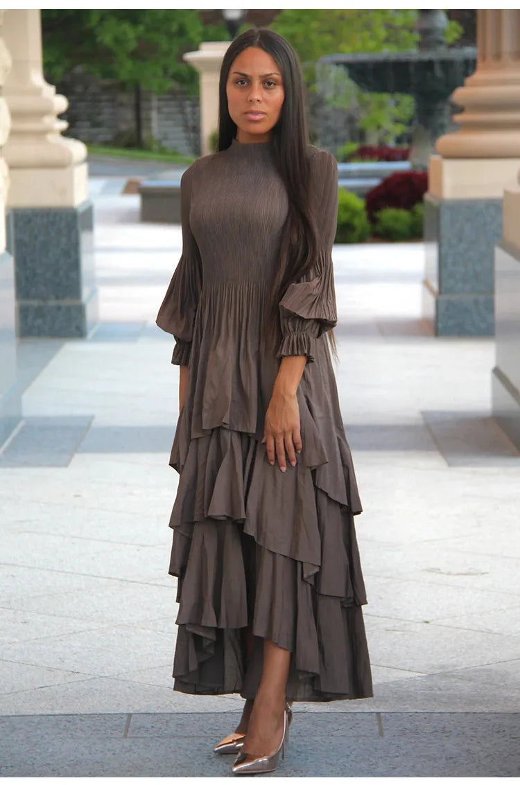 Miyake Pleated Lantern Sleeve Dress - Solid Color Lotus Edge Long Skirt - JStorehub 