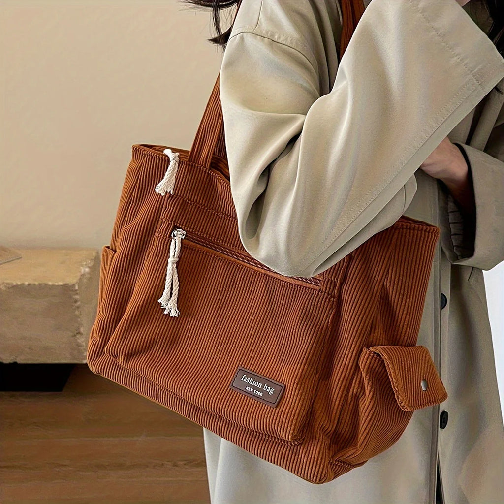 Simple Corduroy Tote Bag for Women - Solid Color Retro Multi-Pocket Shoulder Bag - JStorehub 
