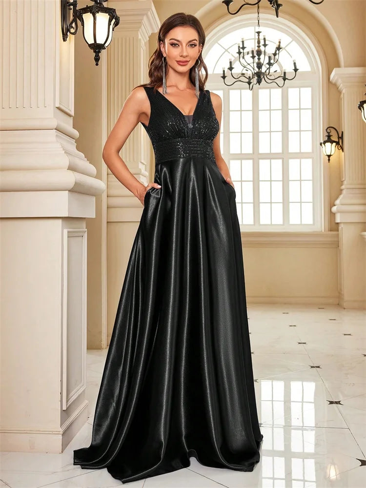Elegant Sequin Evening Dress for Women - Deep V-Neck Satin Prom Gown 2024 - JStorehub 