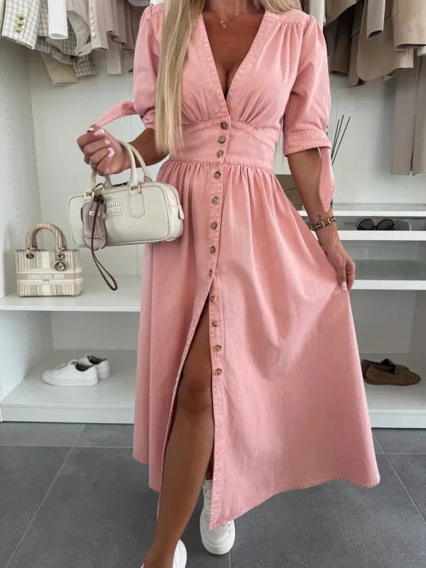 Women Dresses: V Neck Denim Dress - Elegant Style | Salman Store