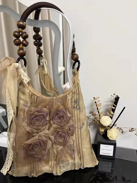 Chinese Style Rose Decor Shoulder Bag - Classic Pleated Commuter Tote Bag - JStorehub 