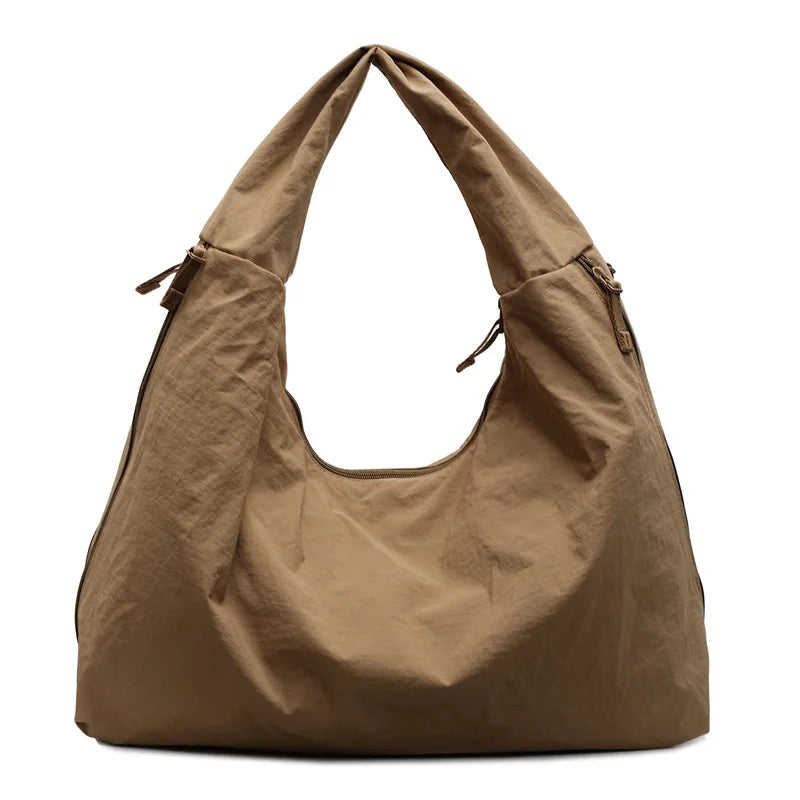 Chic Solid Color Nylon Tote Bag with Multiple Pockets - Large Capacity Shoulder Bag