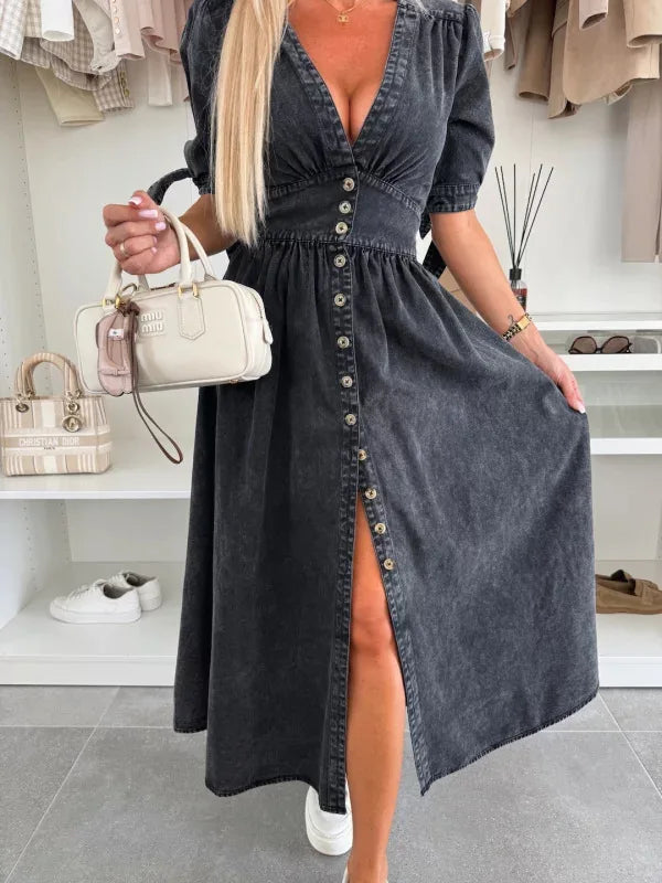 Women Dresses: V Neck Denim Dress - Elegant Style | Salman Store