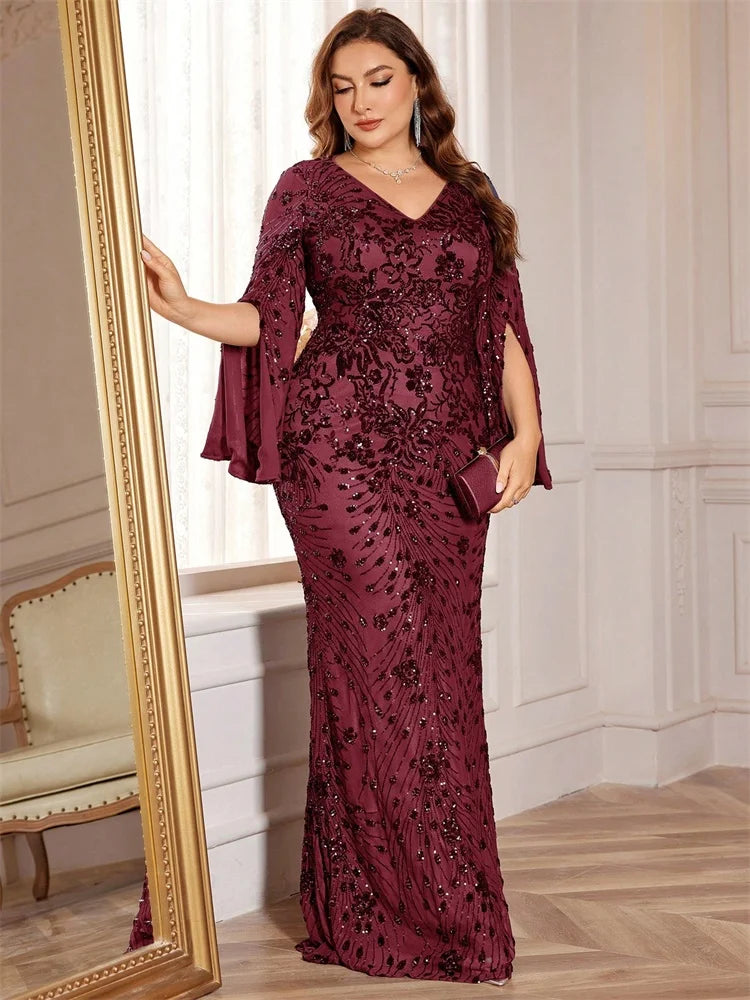 Plus Size Gold Sequin Mermaid Evening Dress - Long Sleeve Formal Prom Gown