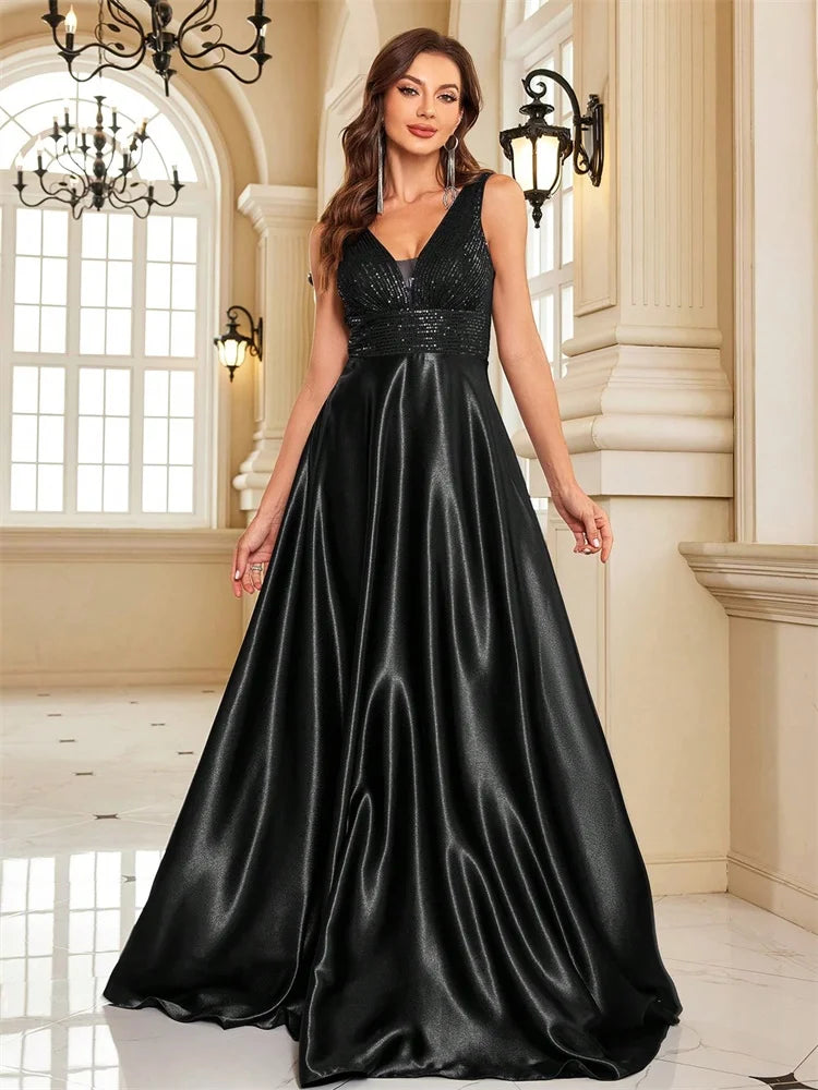 Elegant Sequin Evening Dress for Women - Deep V-Neck Satin Prom Gown 2024 - JStorehub 