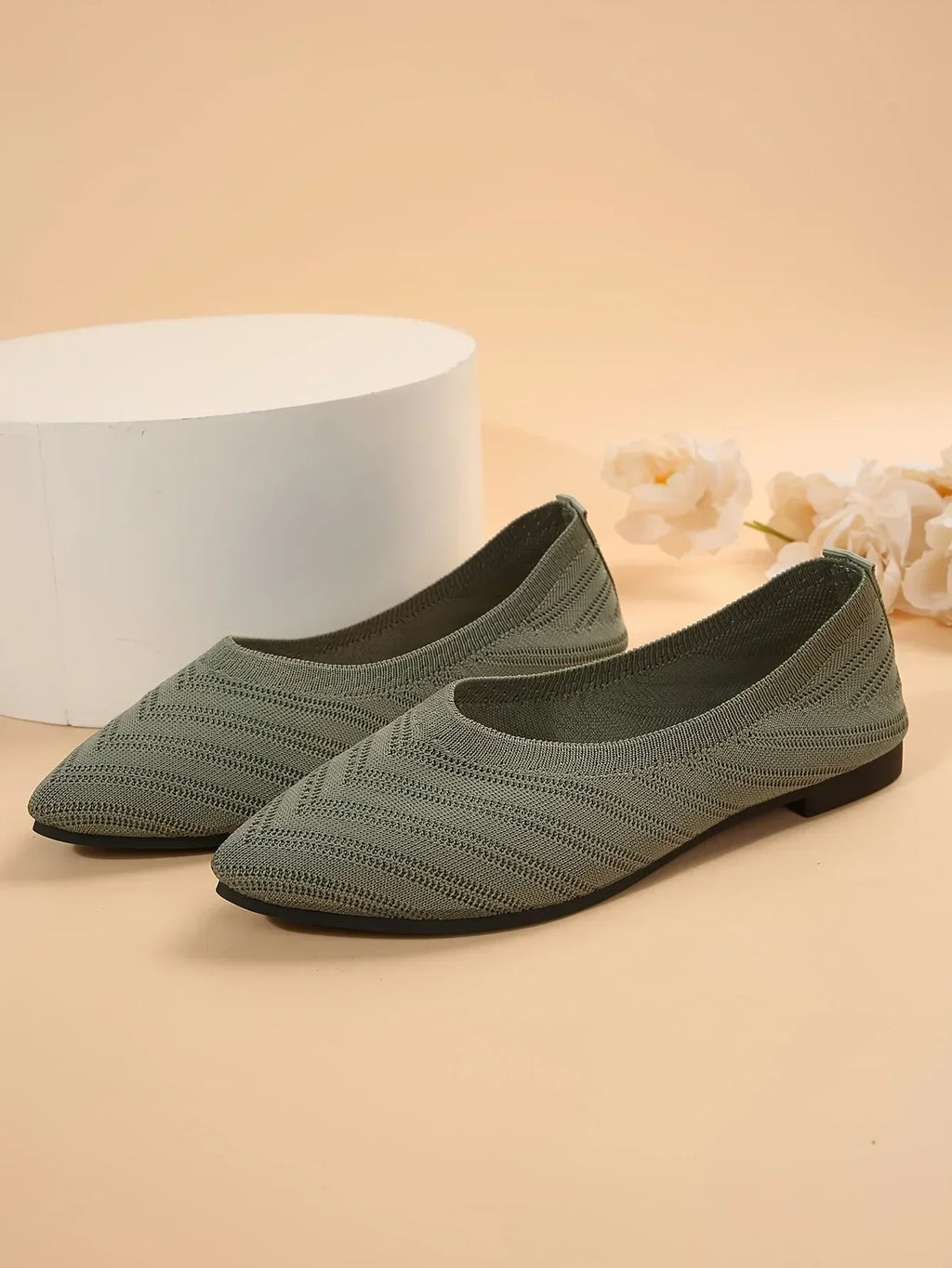 Apricot Knitted Pointed Toe Flat Shoes for Women - Slip-On Comfort