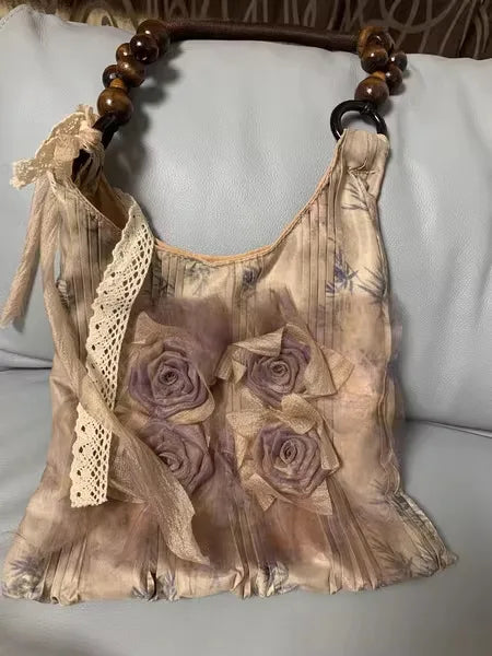 Chinese Style Rose Decor Shoulder Bag - Classic Pleated Commuter Tote Bag - JStorehub 