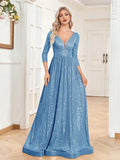 Luxury Blue Sequin Long Sleeve Evening Dress - V-Neck Formal Prom Gown 2025 - JStorehub 