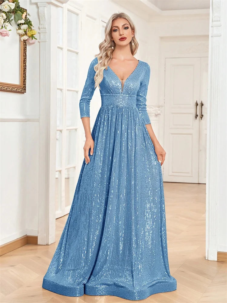 Luxury Blue Sequin Long Sleeve Evening Dress - V-Neck Formal Prom Gown 2025 - JStorehub 