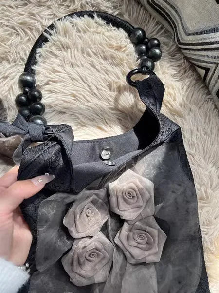Chinese Style Rose Decor Shoulder Bag - Classic Pleated Commuter Tote Bag - JStorehub 