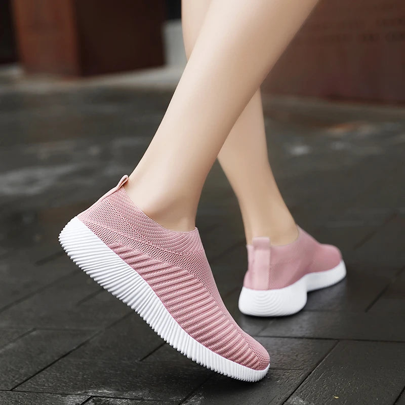 Women's Pink Mesh Sneakers - Breathable Flying Woven Slip-On Walking Shoes - JStorehub 