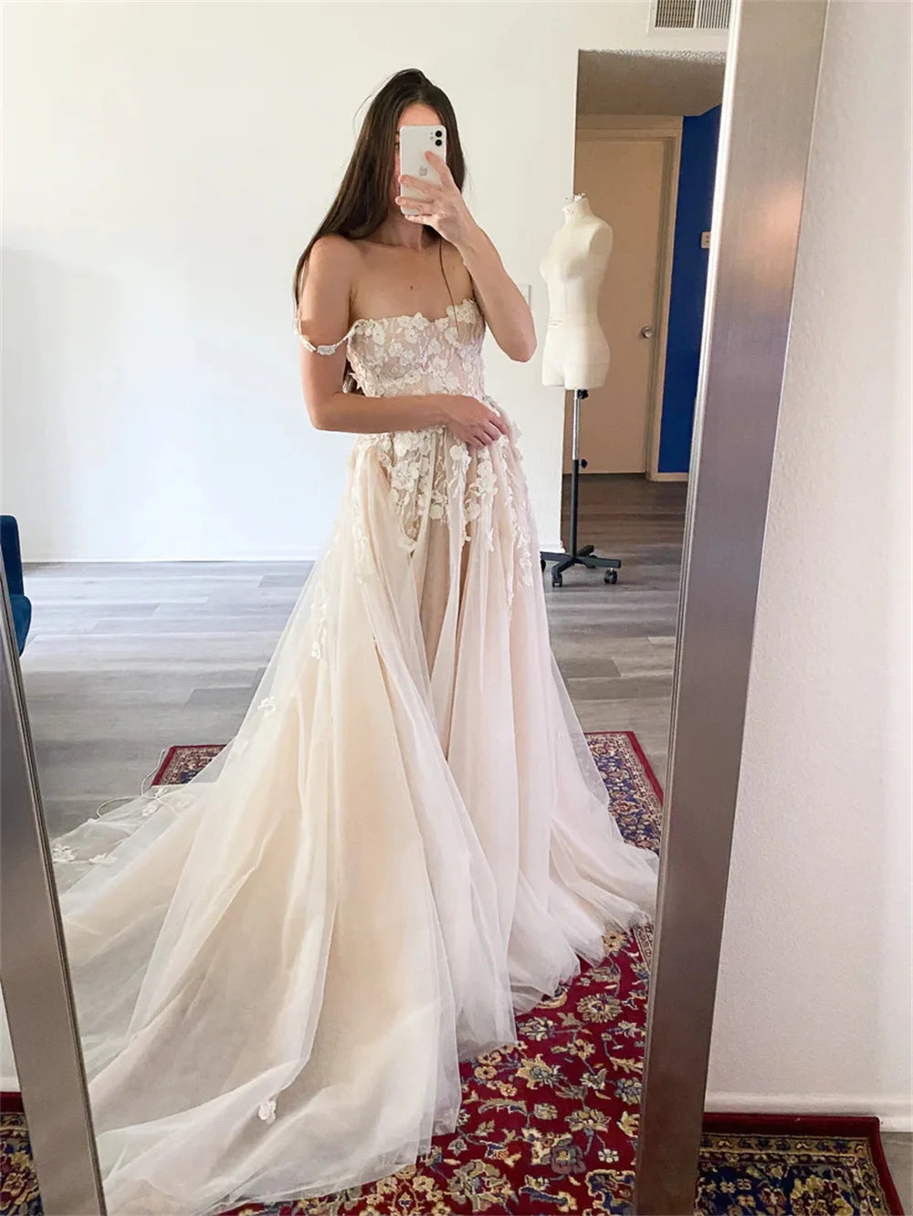 3D Flower Lace Applique Wedding Dress - Two Straps A-Line Bridal Gown 2025 - JStorehub 