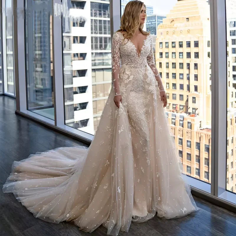 Elegant Long Sleeve V-Neck Mermaid Wedding Dress - 2-in-1 Detachable Tail Bridal Gown - JStorehub 