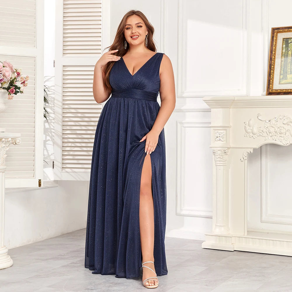 Sparkling Chiffon Double V-Neck A-Line Evening Gown with Side Slit - Bridesmaid Dress - SalmanStore 