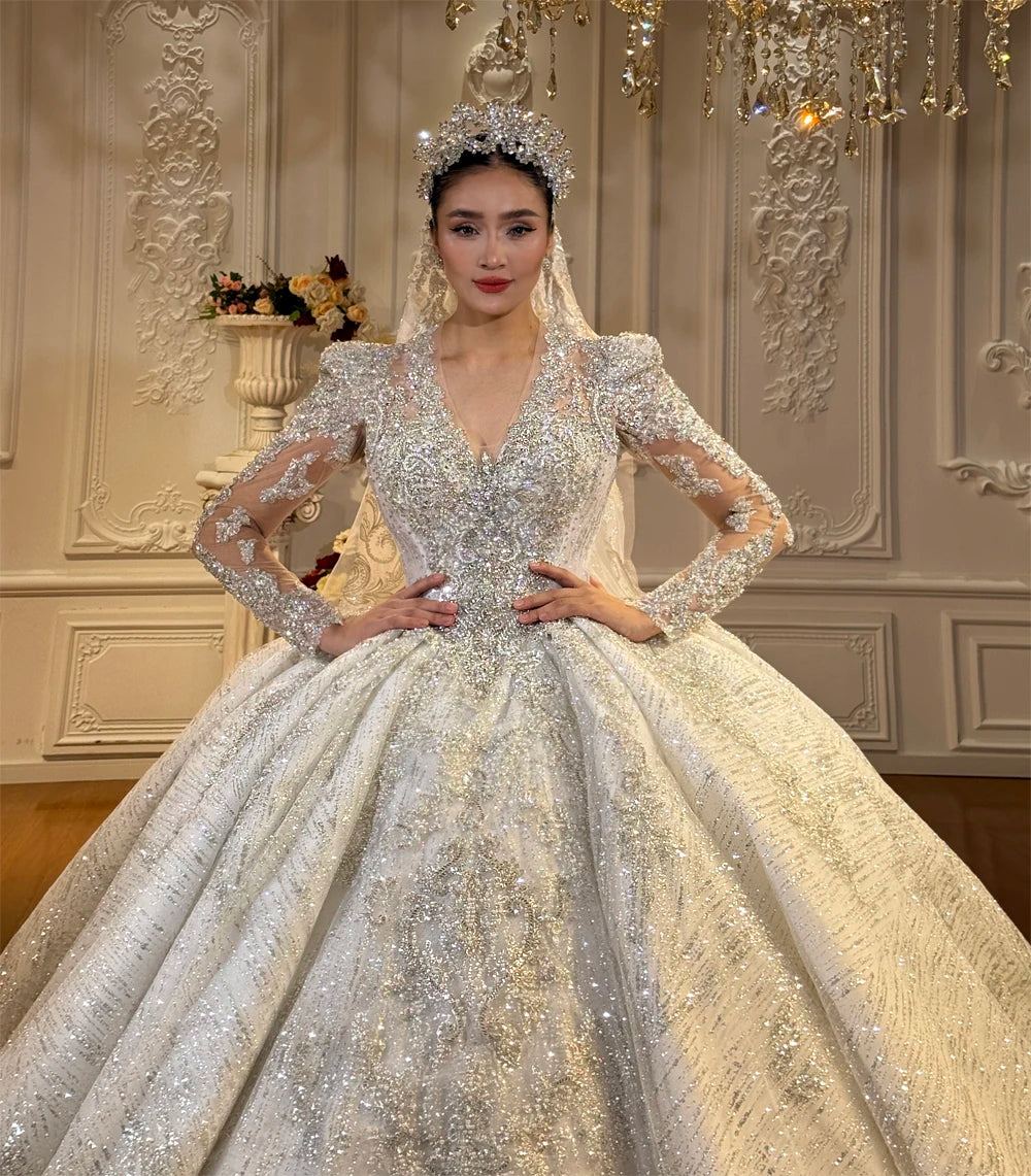 Customized Full Beading V-Neck Wedding Dress - Amanda Novias 2026 Bridal Gown - JStorehub 