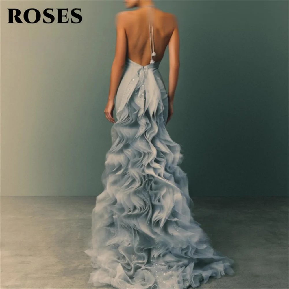 Roses Light Blue Halter Neck Mermaid Prom Dress with Ruffled Train - JStorehub 