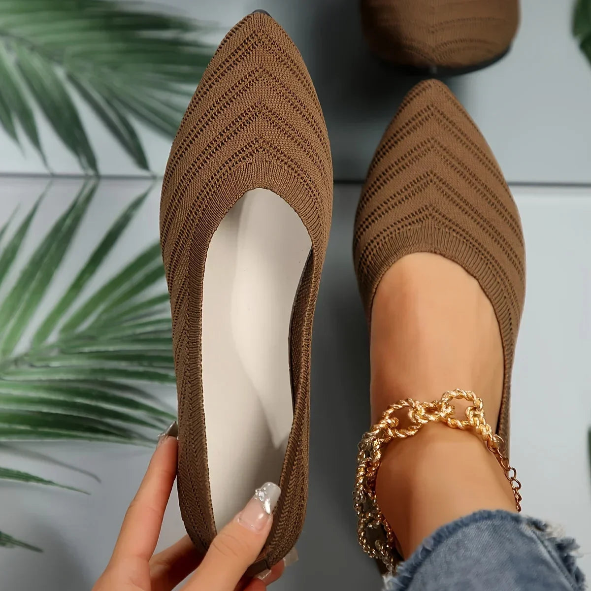 Apricot Knitted Pointed Toe Flat Shoes for Women - Slip-On Comfort