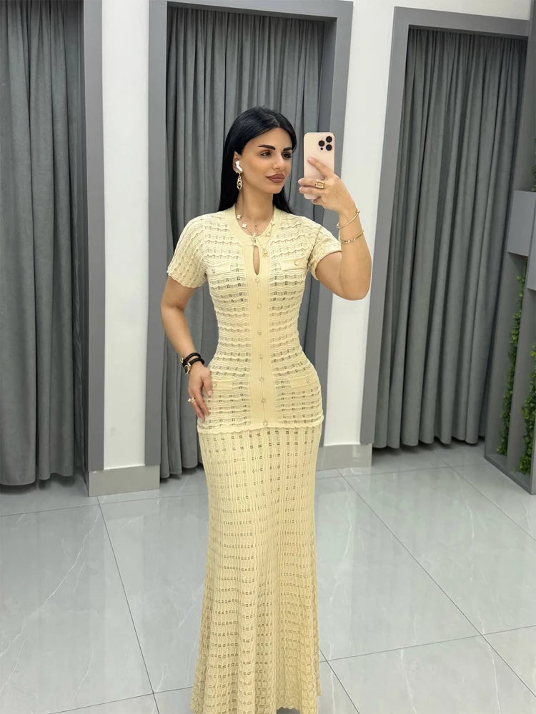 Solid Knit Hollow Out Maxi Dress for Women - Short Sleeve Bodycon Dress 2026 - JStorehub 