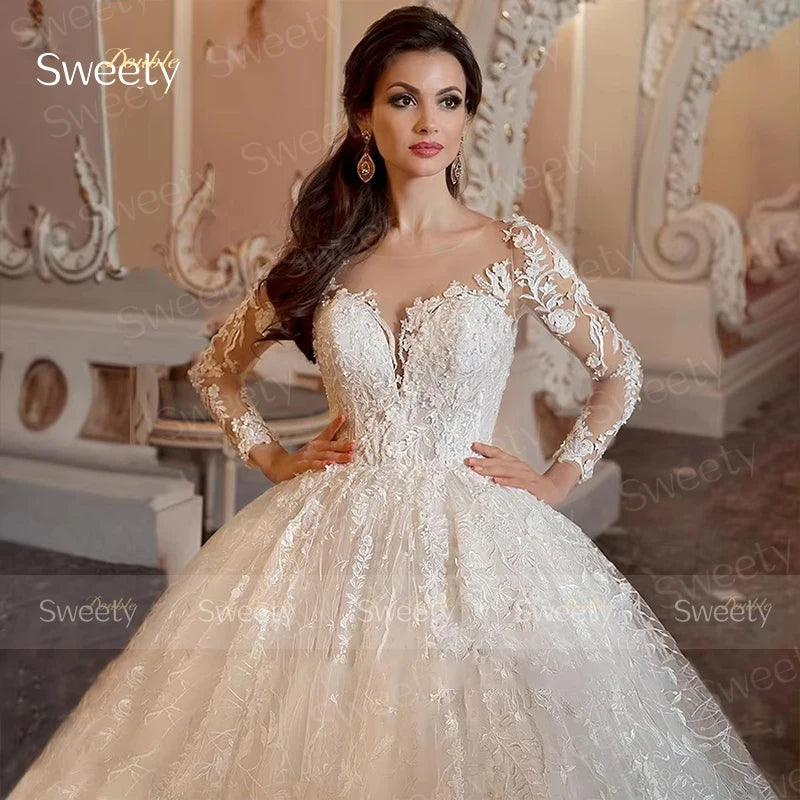 Luxury Embroidered Lace Ball Gown Wedding Dress - O-Neck Full Sleeve Bridal Gown - JStorehub 