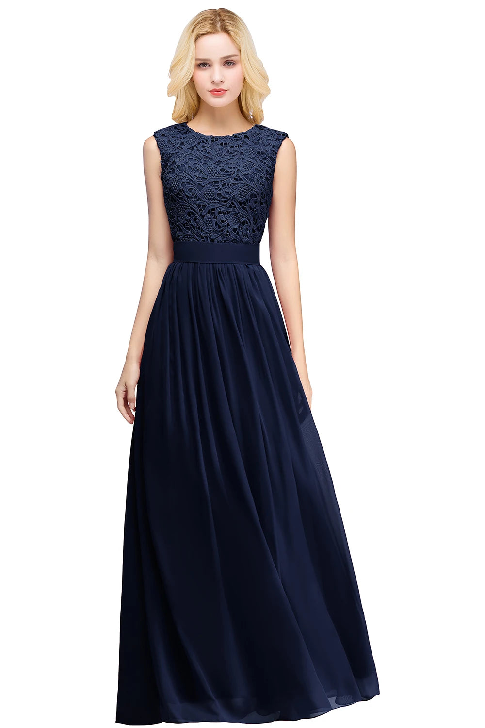 Navy Blue Beaded A-Line Evening Dress - Spaghetti Straps Illusion Prom Gown