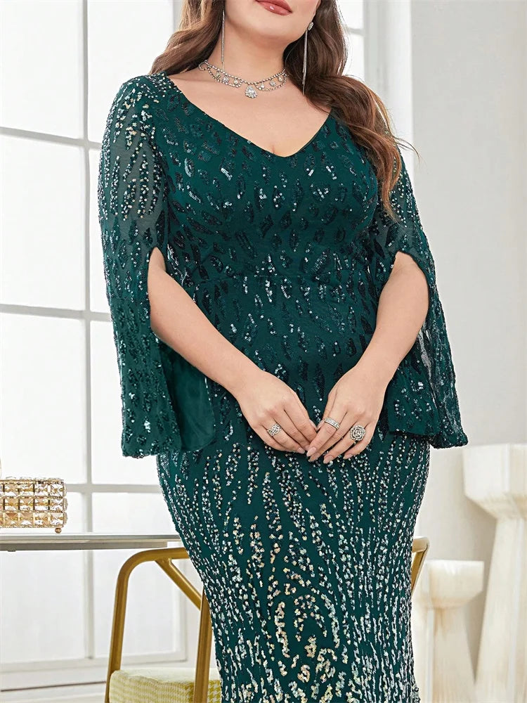 Plus Size Black Sequin Long Sleeve Evening Dress 2025 Luxury Prom - JStorehub 