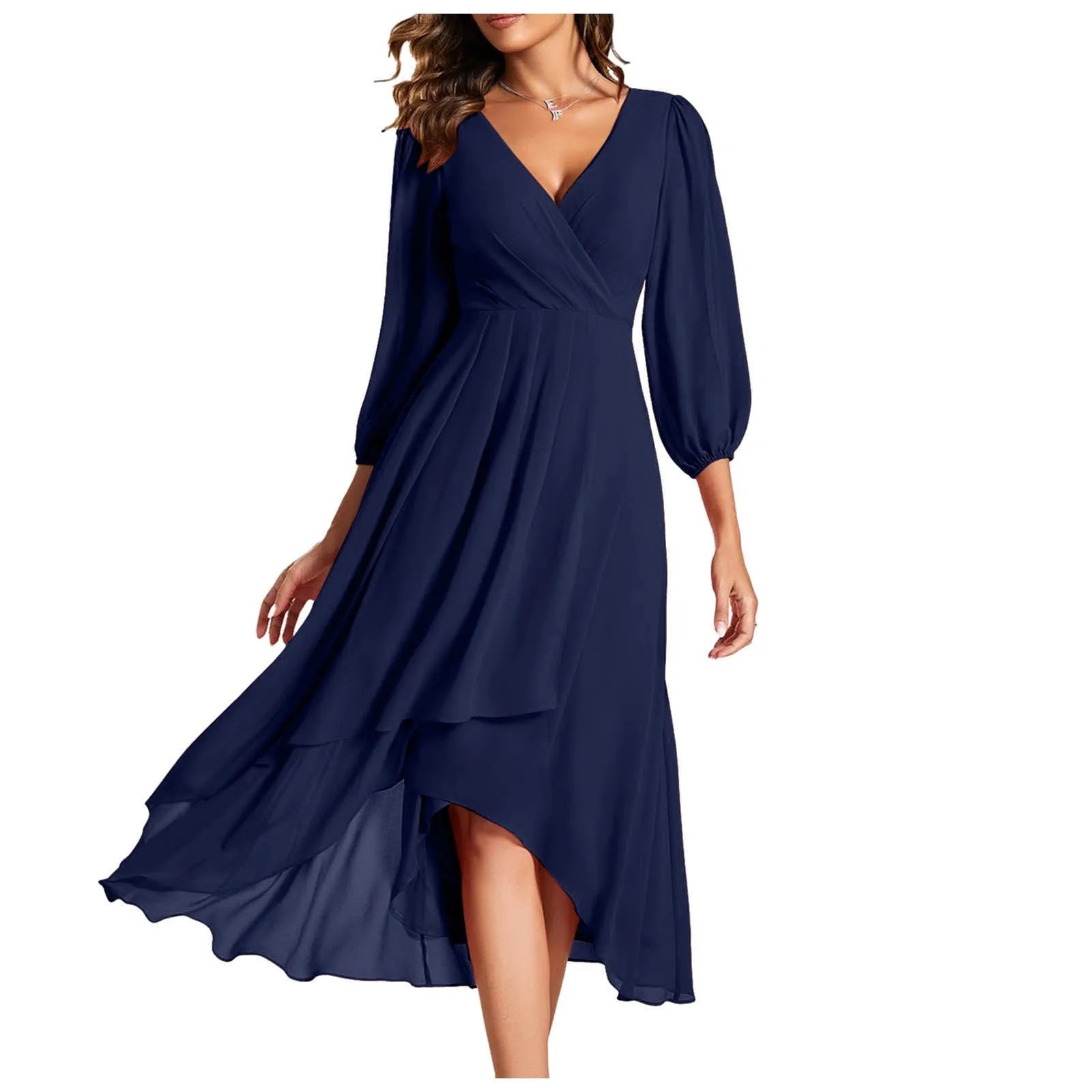 Elegant Navy Blue Chiffon Evening Dress - Long Sleeve Pleated Knee Length - JStorehub 