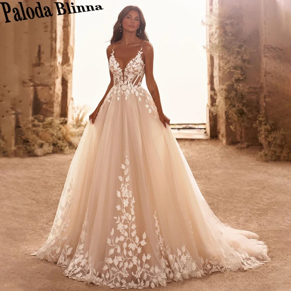 Spaghetti Straps Glitter Wedding Dress - V-Neck Applique Backless Boho Gown - JStorehub 