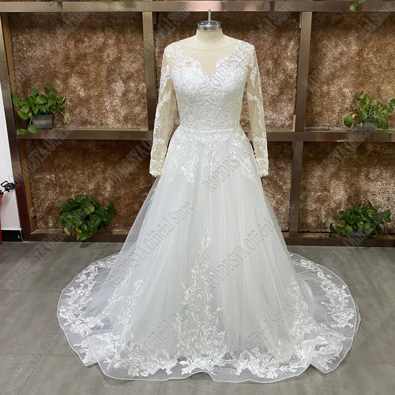 Elegant O-Neck Wedding Dress - Lace-Up A-Line Applique Tulle Long Sleeve Gown - JStorehub 