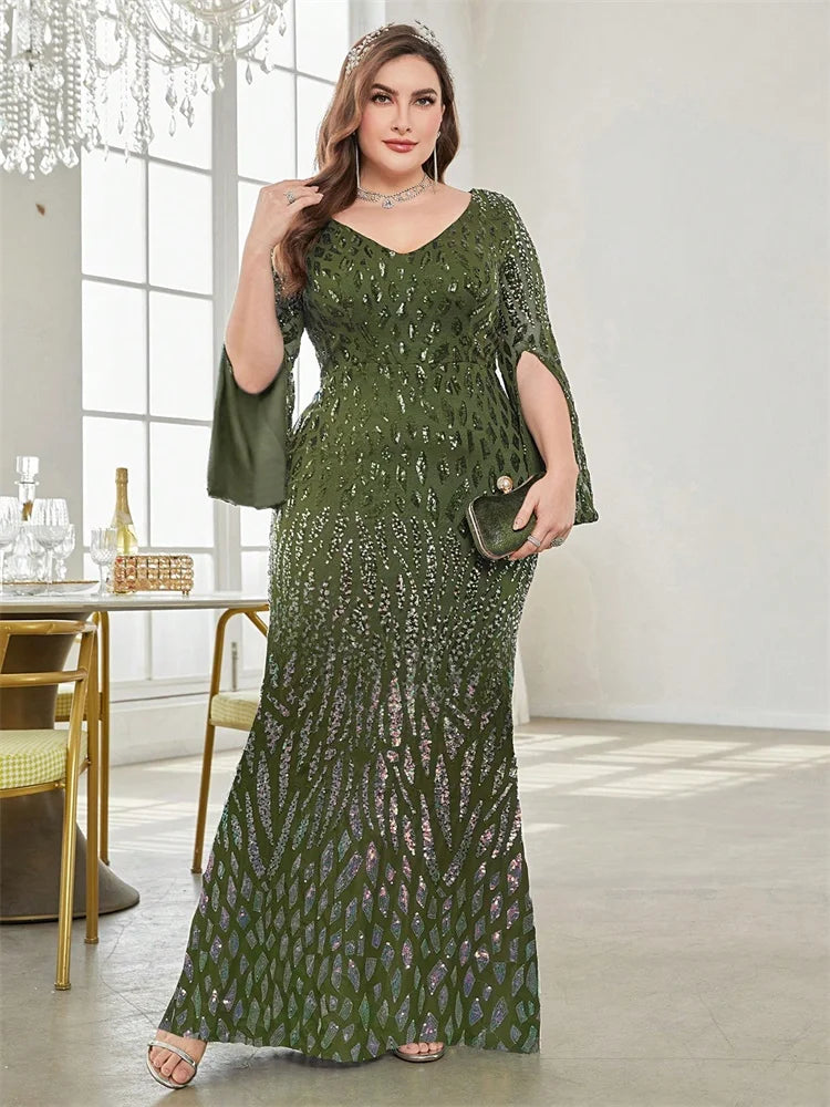 Plus Size Black Sequin Long Sleeve Evening Dress 2025 Luxury Prom - JStorehub 
