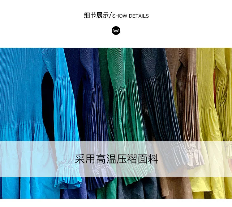 Miyake Pleated Lantern Sleeve Dress - Solid Color Lotus Edge Long Skirt - JStorehub 