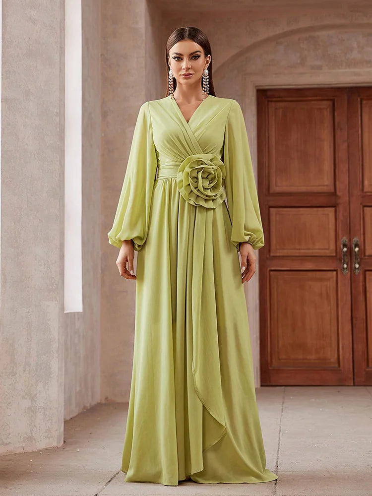 2024 Luxury Elegant Party Evening Dress - 3D Floral Lantern Sleeve Maxi - JStorehub 