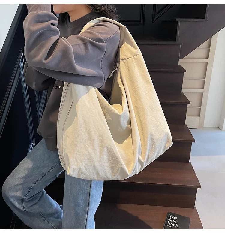 Chic Solid Color Nylon Tote Bag with Multiple Pockets - Large Capacity Shoulder Bag - JStorehub 