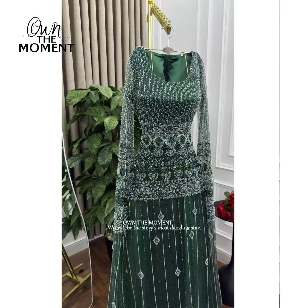 A-Line Beading Prom Dress - Square Collar Long Sleeve Evening Gown - JStorehub 