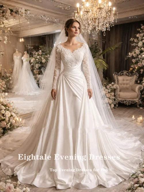 Arabic Wedding Dress V-Neck - Ivory Satin Lace Long Sleeve A-Line Bridal Gown - JStorehub 