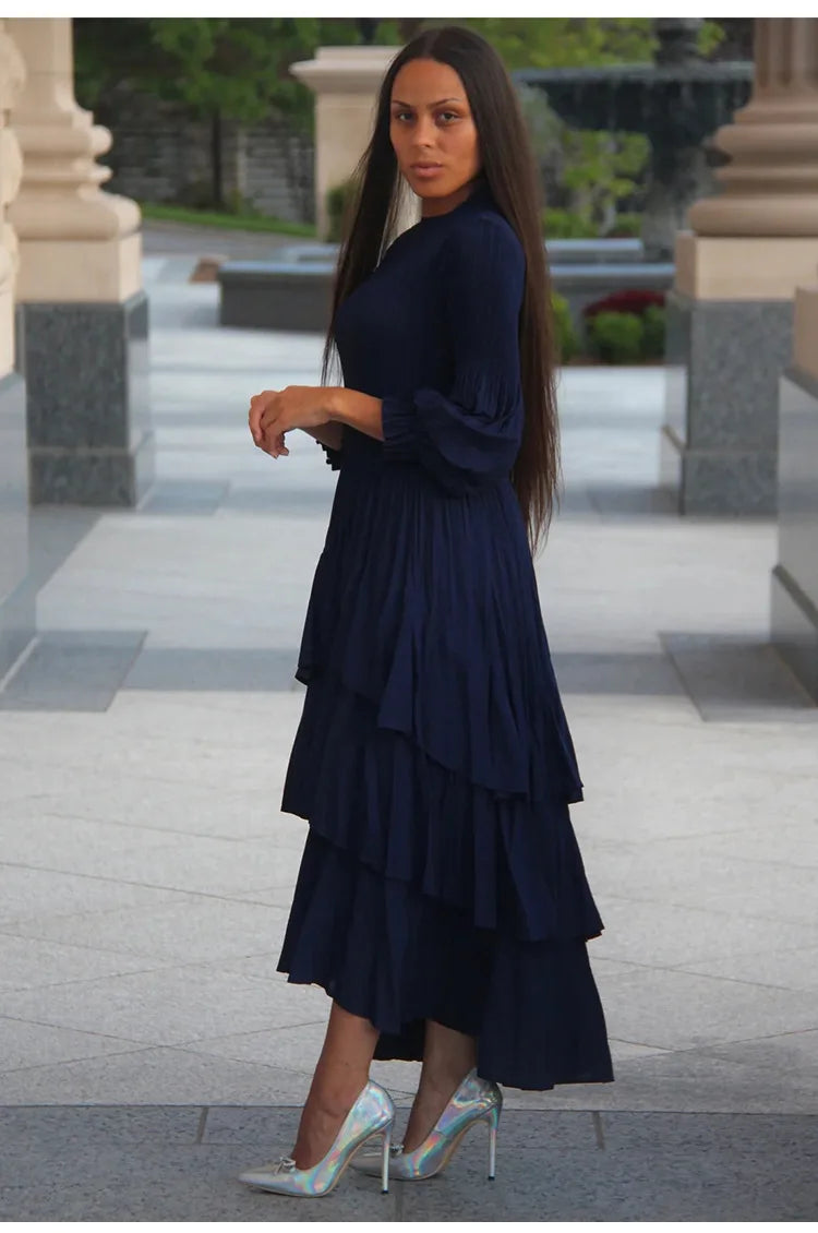 Miyake Pleated Lantern Sleeve Dress - Solid Color Lotus Edge Long Skirt - JStorehub 
