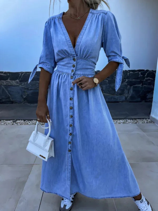 Women Dresses: V Neck Denim Dress - Elegant Style | Salman Store