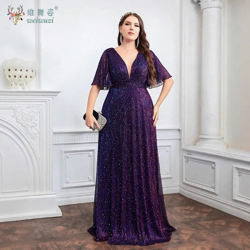 Plus Size Purple A-Line Evening Dress - Deep V-Neck Waist Cinched Rhinestone Gown - JStorehub 