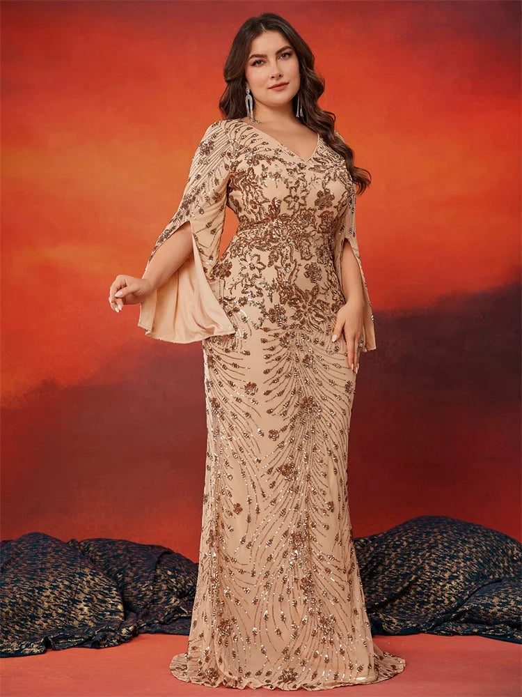 Plus Size Gold Sequin Mermaid Evening Dress - Long Sleeve Formal Prom Gown - SalmanStore 