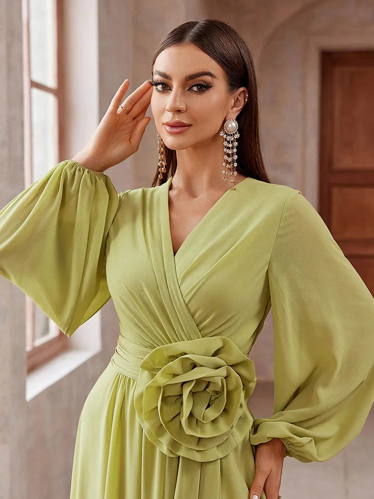 2024 Luxury Elegant Party Evening Dress - 3D Floral Lantern Sleeve Maxi - JStorehub 