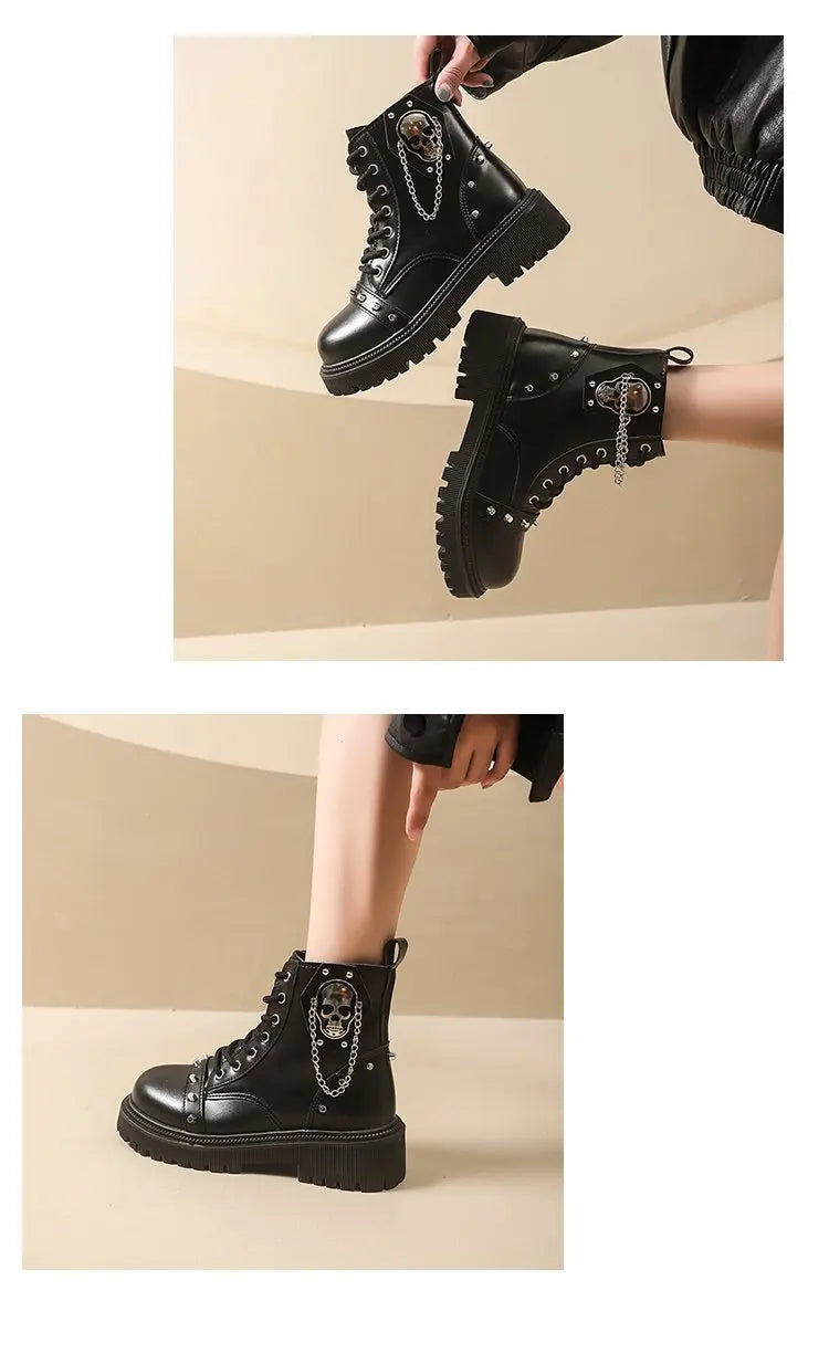 Women's Punk Ankle Boots - Platform Buckle Lace-Up Block Heel Shoes - JStorehub 