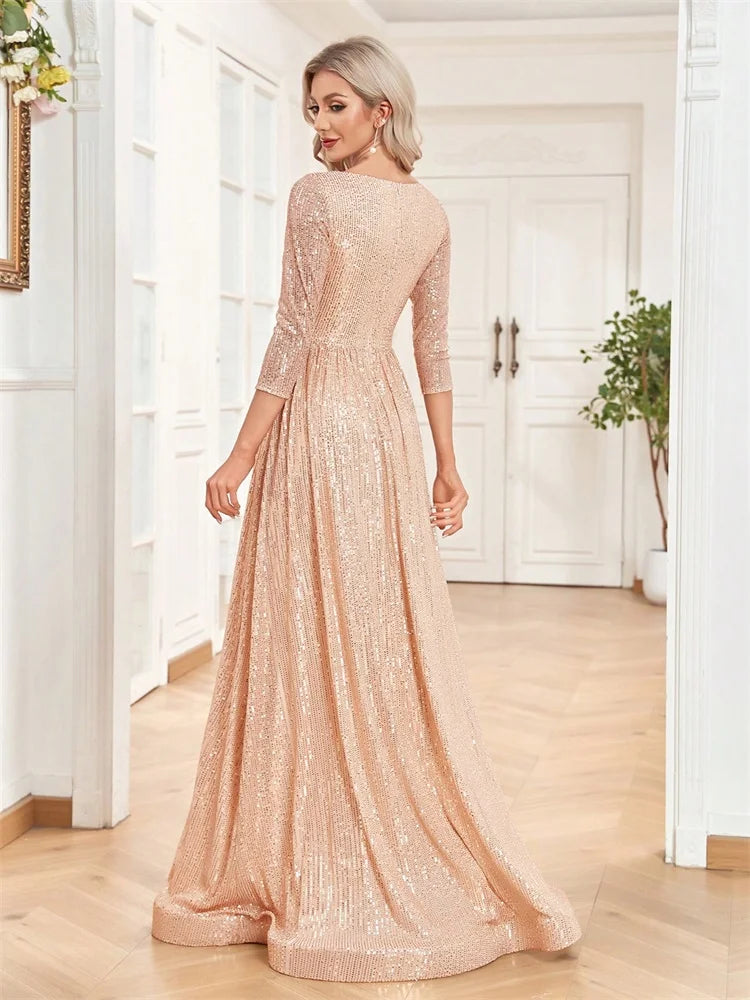Luxury Blue Sequins V-Neck Long Sleeve Evening Dress - Prom Wedding Gown - SalmanStore 