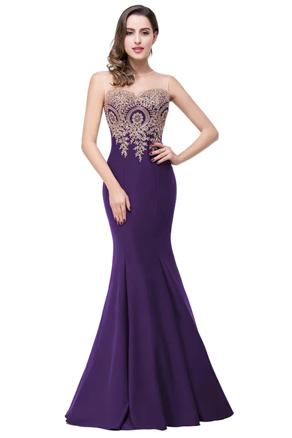 Golden Appliques Lace Mermaid Evening Dress - Sweetheart Illusion Prom Gown