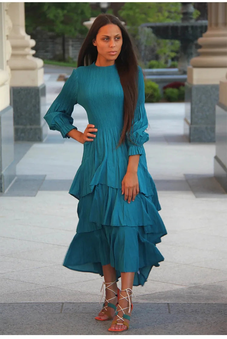 Miyake Pleated Lantern Sleeve Dress - Solid Color Lotus Edge Long Skirt - JStorehub 