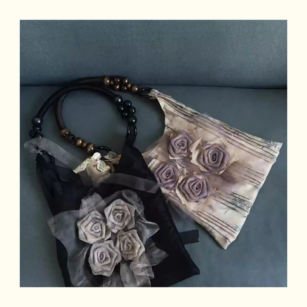 Chinese Style Rose Decor Shoulder Bag - Classic Pleated Commuter Tote Bag - JStorehub 