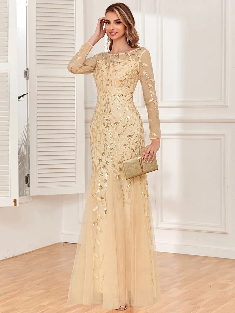 Mermaid Tulle Embroidery Evening Dress - O-Neck Full Sleeve Formal Gown - SalmanStore 