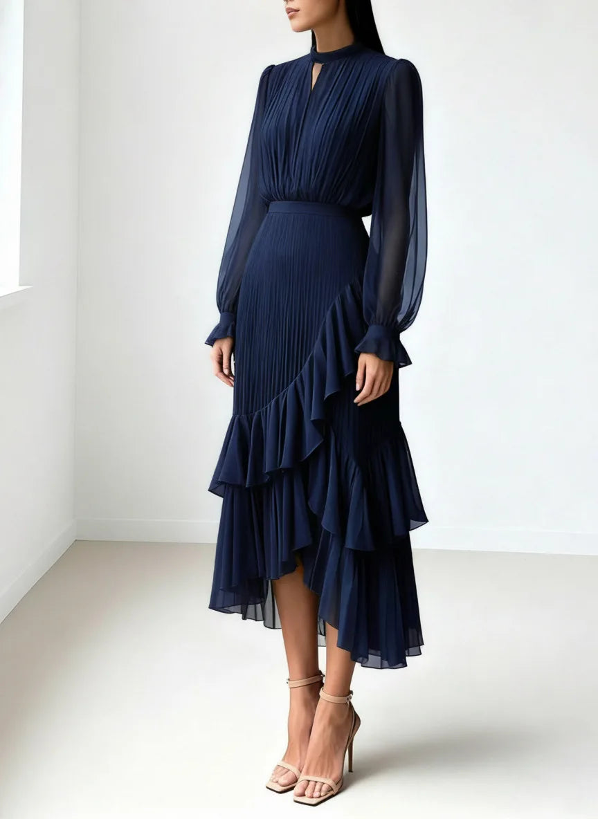 Ruffle Long Sleeve Layered A-Line Dress - Chic Spring Summer Pleated Gown - SalmanStore 