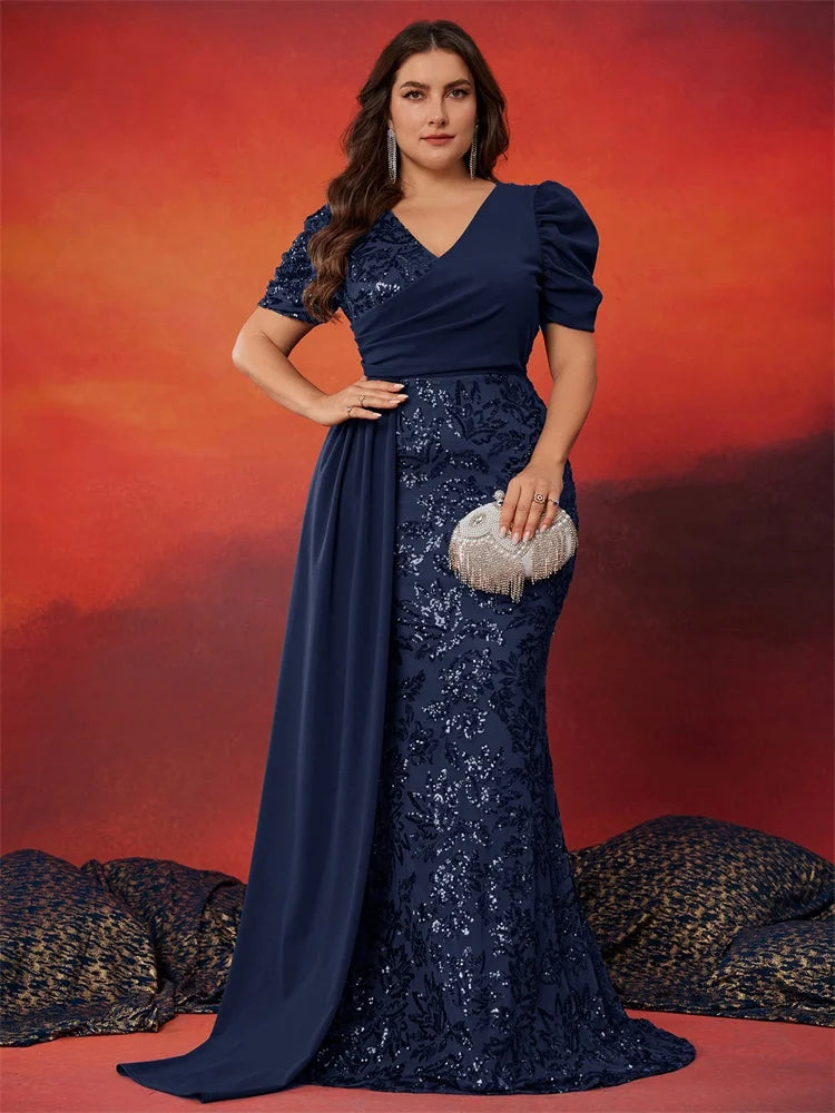 Plus Size Elegant V-neck Sequins Evening Dress Women Short Sleeves Mermaid Formal Luxury Party Streamer Prom Dress - JStorehub 
